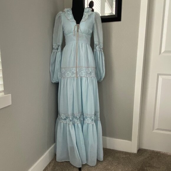 VINTAGE 70s Gunne Sax Blue Lace Long Maxi Prairie Boho Dress Sz XS - Picture 2 of 15
